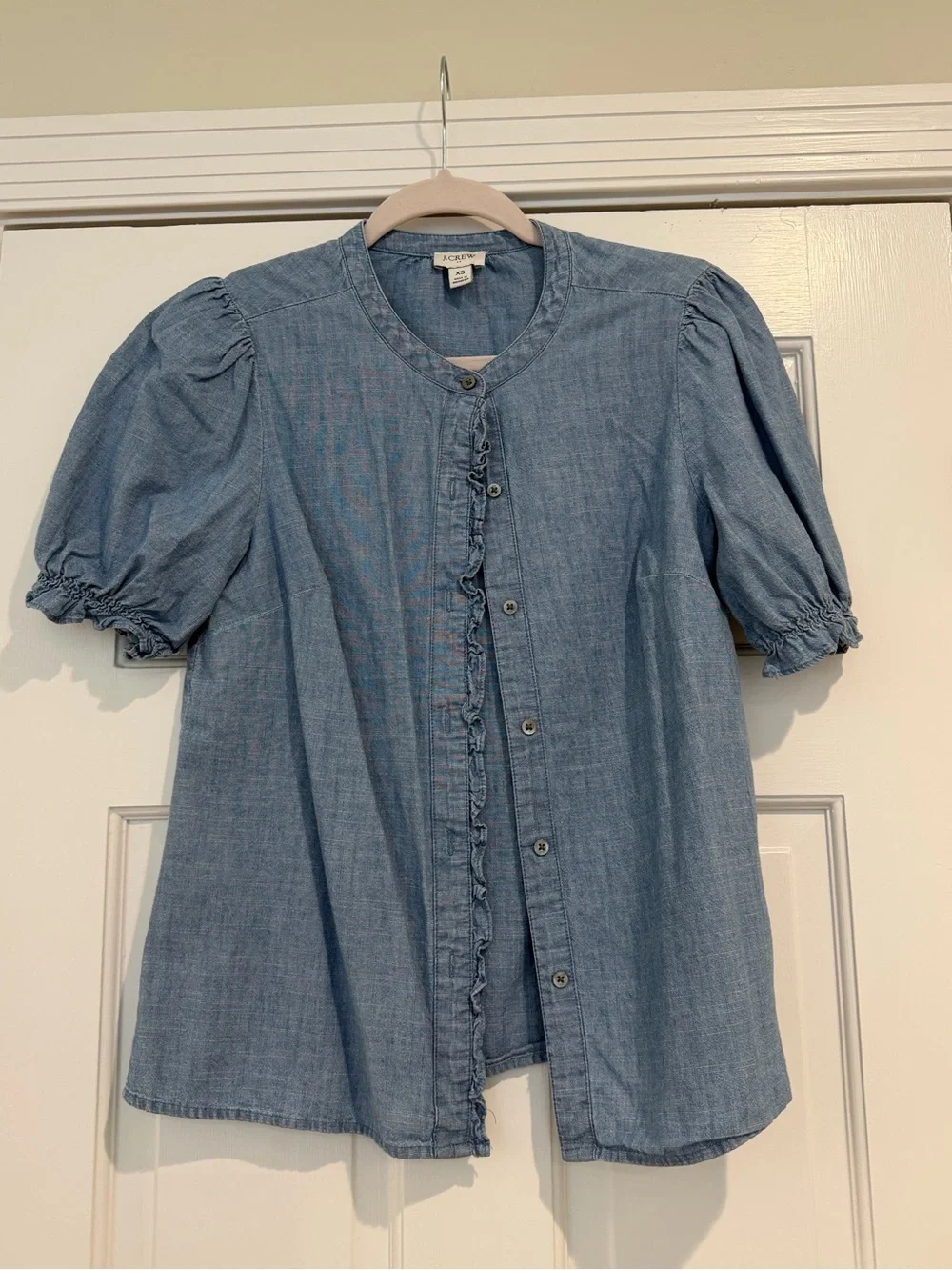 J crew Light Blue Puff Sleeve Chambray Button Front Top